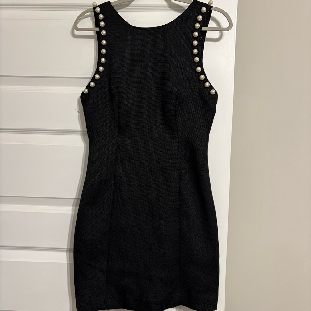Entro Black Mini Dress with Pearl Details
